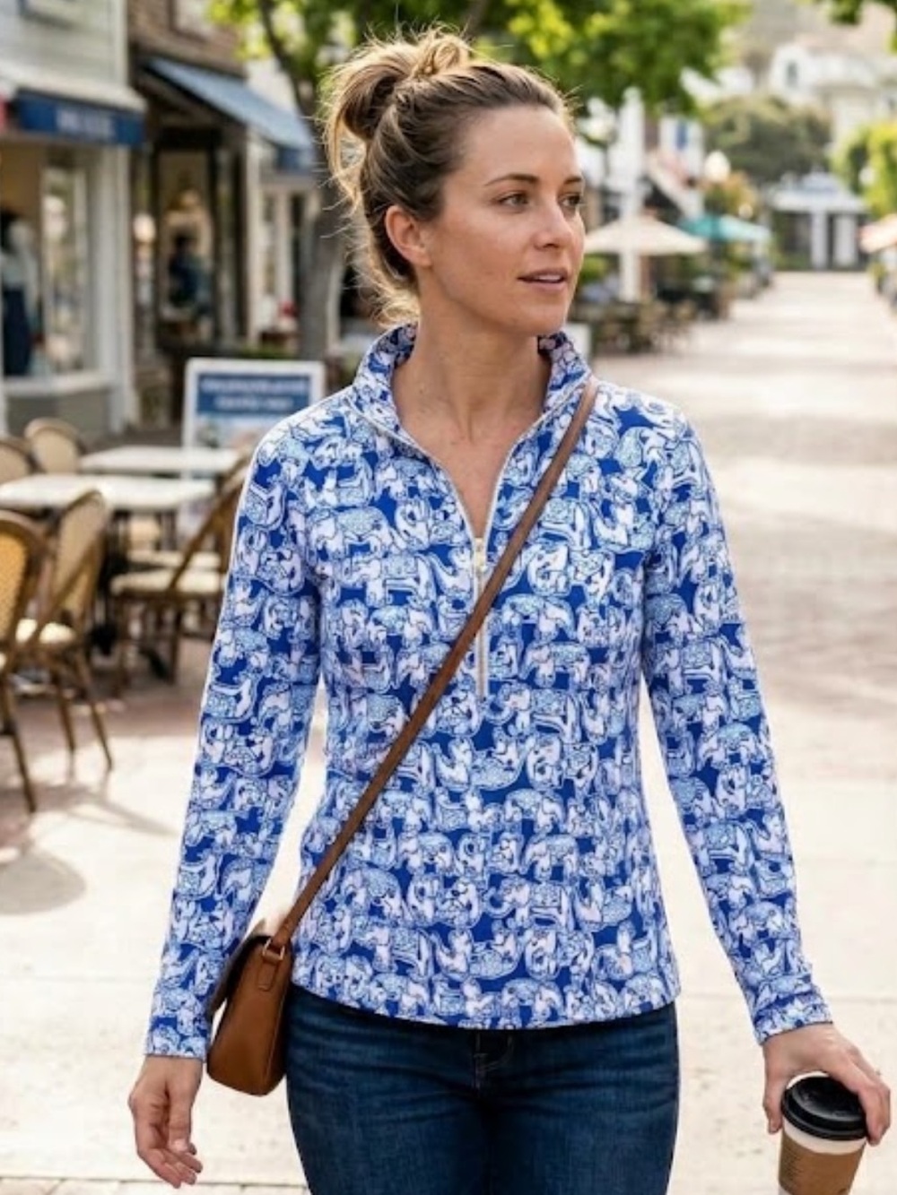 Lilly Pulitzer Skipper Half Zip Pullover Elephant Print Blue White S